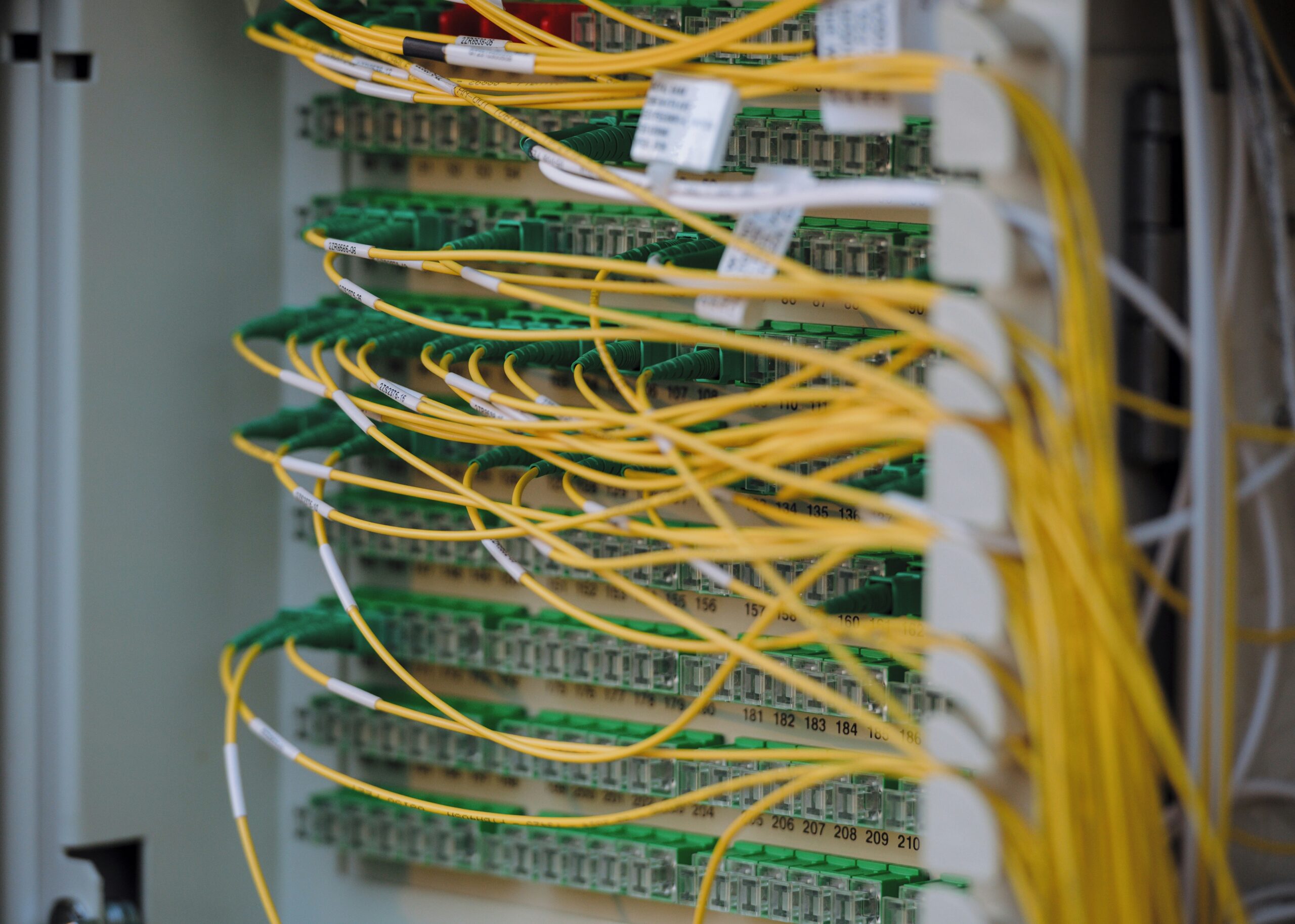 Tangled network cables in data center - Fibre optic cables