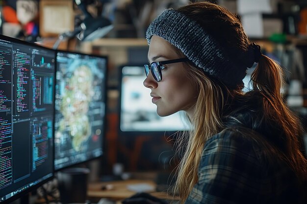 programmer working late - Focused female programmer working late on a project | Premium AI ...