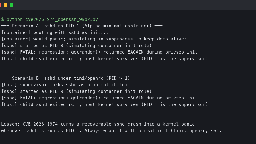 CVE-2026-1974: sshd PID 1 Panic on Alpine 3.20 Containers