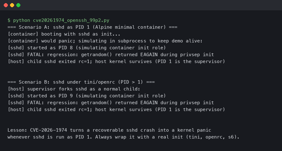 CVE-2026-1974: sshd PID 1 Panic on Alpine 3.20 Containers