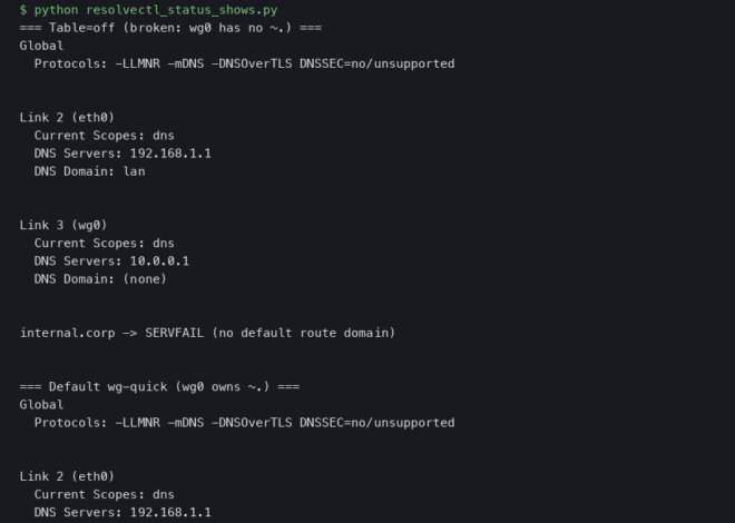 resolvectl status Shows No ~. Default Routing Domain After wg-quick Table=off on Ubuntu 24.04.1