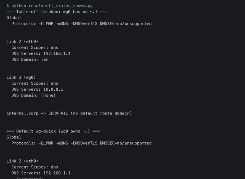 resolvectl status Shows No ~. Default Routing Domain After wg-quick Table=off on Ubuntu 24.04.1