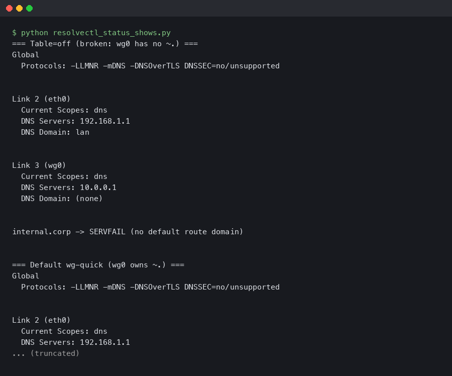 resolvectl status Shows No ~. Default Routing Domain After wg-quick Table=off on Ubuntu 24.04.1